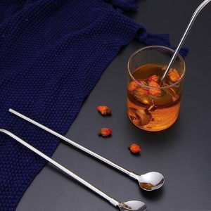 نی شربت استیل قاشق دار 6 عددی